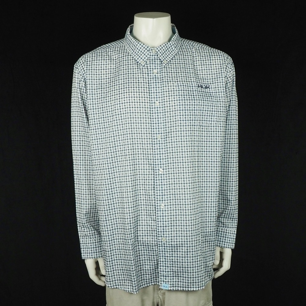 Huk Fishing Button Down Shirt Mens 2XL XXL White Fish Striped Performance Blend